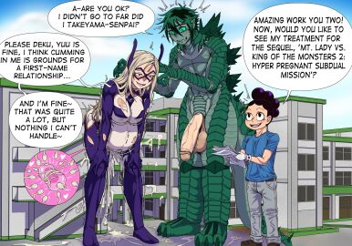 1girls 2boys after_sex after_vaginal balls big_balls big_breasts big_penis blonde_hair breasts building clothed color cum_belly cum_leaking cum_leaking_out_of_pussy cum_puddle cumflated_belly cumflation detailed_background english_text female film_set gloves godzilla godzilla_(cosplay) godzilla_(series) green_body green_hair hands_on_knees heavy_belly huge_balls huge_cock impregnation inflation internal_cumshot internal_view izuku_midoriya kaiju kaiju_costume kiahl leaking_cum lobsterkiahl long_hair making_a_porno male mineta_minoru minoru_mineta monster_boy mount_lady my_hero_academia older_female ovum penis pussy speech_bubble sperm_cell sperm_meets_ovum spiked_tail stomach_bulge superhero_costume superheroine swollen_belly takeyama_yuu younger_male yuu_takeyama