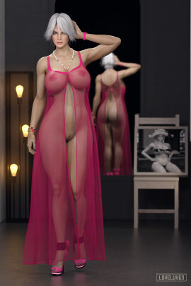 3d ass athletic athletic_female big_breasts blue_eyes breasts busty christie_(doa) dead_or_alive female female_focus female_only functionally_nude hourglass_figure inner_ear_fluff large_breasts loveluv69 mirror naked_footwear pinup pinup_pose pussy reflection shaved_pussy tagme vagina white_hair wide_hips