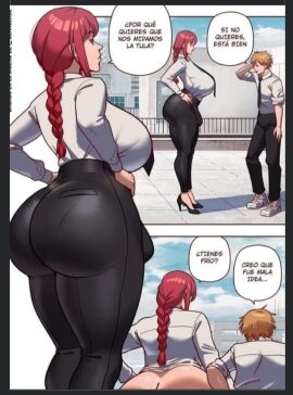 1boy 1futa 1girls anime ass ass_focus balls big_ass big_ass_(futa) big_breasts big_butt braid breasts building bulge chainsaw_man comic curvaceous curvy curvy_figure denji_(chainsaw_man) female futanari hands_on_hips huge_ass intersex jeans jerkdibuja large_ass makima_(chainsaw_man) male panties_visible_through_clothing pantylines penis red_hair shounen_jump sky spanish_text text text_bubble thick_ass thick_thighs thighs uncensored