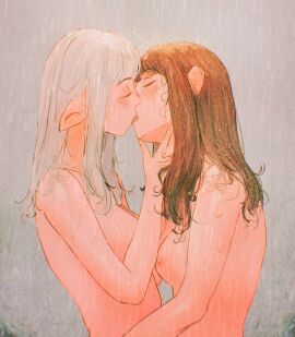 2girls asimov_(spindle_(aidenr0)) breasts female female/female female_only kissing lesbian_kiss lesbians naked naked_female nude nude_female ottilie_(spindle_(aidenr0)) raining small_breasts spindle_(aidenr0) yuri
