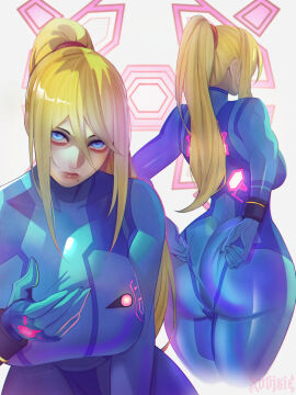 1girls ass ass_focus back_view blonde_female blue_eyes bodysuit breasts cleavage female female_only futuristic grabbing_own_ass large_breasts long-haired_female metroid nintendo nipples_visible_through_clothing pressing_breasts samus_aran tight_clothing xuuikie zero_suit zero_suit_samus