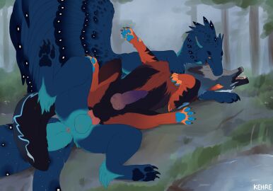 anal anal_sex animal_genitalia anus azerith balls black_claws blue_body blue_fur blue_pawpads canid canine canis claws dragon duo erection feral fur furred_dragon furred_scalie genitals hi_res hybrid kehreazerith knot male male/male mammal mythological_creature mythological_scalie mythology pawpads penetration penis pink_anus pink_knot purple_penis scalie sheath wolf