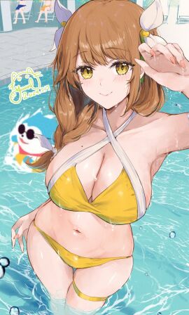 3girls alternate_costume bikini braid breasts brown_hair cleavage female female_focus fire_emblem fire_emblem_engage goldmary_(fire_emblem) hair_ribbon highres large_breasts long_hair mole mole_on_breast multiple_females multiple_girls navel nintendo ribbon skindentation solo_focus sommie_(fire_emblem) stomach swimsuit thigh_strap thighs wading water white_ribbon yellow_bikini yellow_eyes yellow_swimsuit yuuri_(orz_commushows)