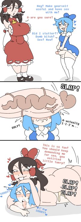 2futas ahe_gao ahegao anal anal_sex apologizing ass balls big_balls big_breasts big_dom_small_sub big_penis blue_hair brat bratty bratty_correction breasts cant_see_the_haters cirno clothed cock_on_face cock_shock comic comic_strip correction cum cum_in_ass cum_inside dominant domination dress dress_lift dubious_consent excessive_cum futa_on_futa futa_only futadom futanari headlock height_difference huge_cock instant_loss instant_loss_2koma instant_regret insult intersex large_penis lifting_skirt long_socks lying_on_person milkbuni multiple_images nude on_floor overflowing_cum panels penis penis_awe penis_bigger_than_body penis_bigger_than_head penis_size_difference penis_slap penis_slapping_face reimu_hakurei restrained rolling_eyes secretly_loves_it sex short_hair shortstack size_difference small_penis small_sub_big_dom smile smiling stench text tongue tongue_out touhou uncensored veiny_penis