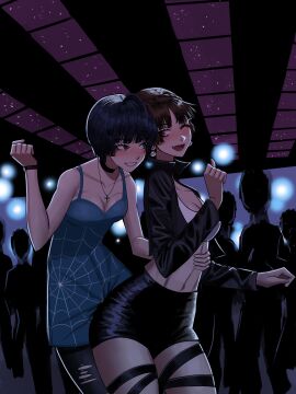 2girls absurdres age_difference bare_shoulders black_hair black_jacket black_shorts blunt_bangs blush bracelet breasts brown_hair chaosoded choker cleavage commission cowboy_shot crop_top dancing dress earrings female green_dress hand_on_another's_waist highres indoors jacket jewelry looking_at_another makoto_niijima medium_breasts midriff multiple_females multiple_girls navel necklace oerba_yun_fang one_eye_closed open_clothes open_jacket open_mouth panda_earrings pantyhose parted_lips people persona persona_5 print_dress short_hair shorts smile spider_web_print tae_takemi tank_top torn_clothes torn_pantyhose white_tank_top yuri