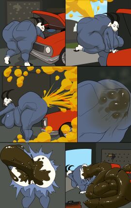 absurd_res anthro anus ass belly big_anus big_ass big_belly big_breasts big_butt black_hooves black_horn blue_clothing blue_jumpsuit bluepants bovid breasts caprine car clothed clothing comic coveralls detailed_background digital_drawing_(artwork) digital_media_(artwork) excessive_feces fart fart_cloud feces feces_pile female fur genitals goat hi_res hooves horn huge_anus hyper hyper_anus hyper_fart hyper_feces hyper_scat intentional_soiling jumpsuit lucy_smith_(zangg) mammal mechanic orange_eyes overweight pink_pussy puffy_anus pussy scat short_tail smaller_version_at_source soiling solo tail thick_thighs vehicle white_body white_fur wide_hips work_uniform workshop