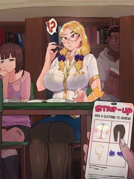 !? 1boy 2girls abby_(diforland) absurdres black-framed_eyewear black_pantyhose blonde_hair blue_skirt breasts brown_eyes choice collared_shirt confused cross cross_necklace crucifix cum cum_string diforland english_commentary english_text facial female fingernails glasses gold_trim hair_ornament hair_over_shoulder hair_scrunchie highres holding holding_phone huge_breasts jewelry library long_hair low_twintails male meme mole mole_on_neck multiple_females multiple_girls necklace original original_character original_characters pantyhose pencil_skirt phone pov pov_hands religious_girl scrunchie seamed_legwear semi-rimless_eyewear shelving_book shirt short_sleeves side-seamed_legwear sitting skirt solo_focus time_stop twintails twitter_strip_game_(meme) under-rim_eyewear unnamed_character white_shirt