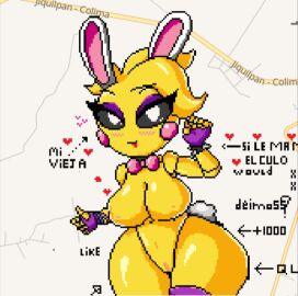 animatronic animatronic_female arrow big_breasts black_sclera blood_in_mouth breasts bunny_ears bunnysuit chicken english_text eyeshadow female fingerless_gloves five_nights_at_freddy's five_nights_at_freddy's_2 fnaf galliform gallus_(genus) heart heart_symbol pixel_art solo spanish_text tagme toy_chica toy_chica_(eroticphobia) toy_chica_(fnaf) wide_hips wplace