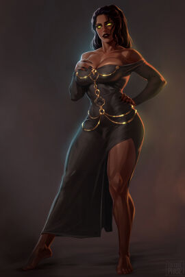 1futa 2024 2d abs abs_visible_through_clothing bare_shoulders barefoot black_nails breasts bulge bulge_through_clothing cleavage dark-skinned_futa dark_hair dark_lipstick dark_skin dress executephase futanari glowing_eyes hand_on_hip intersex jewelry muscular muscular_futa muscular_thighs nail_polish navel navel_visible_through_clothes no_bra open_mouth original_character penis penis_outline penis_visible_through_clothing posing red_lipstick sharp_nails solo solo_futa tagme teeth teeth_showing thighs