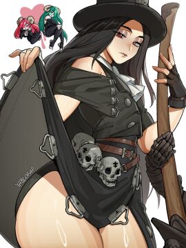 1other ? alohapz ambiguous_gender belt big_ass black_hair black_headwear cape gloves guilty_gear guilty_gear_strive hat holding holding_weapon long_hair looking_at_viewer nonbinary rifle tagme testament_(guilty_gear) thick_thighs thighhighs thighs white_background yablofap