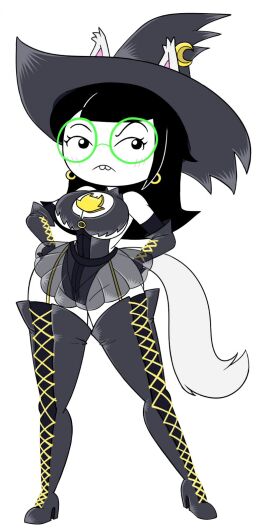 alternate_costume bayonetta bayonetta_(cosplay) bayonetta_2 black_hair breasts buckteeth cloudcyanide cloudycyanide cosplay dog_ears dog_girl dog_tail earrings eyebrows_raised female garter_belt glasses gloves homestuck jade_harley large_breasts looking_annoyed ms_paint_adventures see-through_clothing thighhigh_boots white_background white_skin wide_hips witch_costume witch_hat