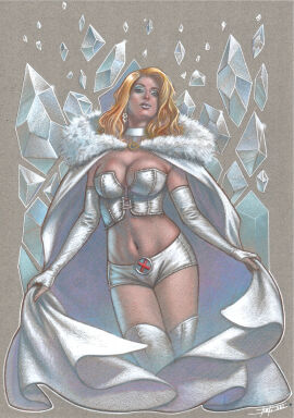 blonde_female blonde_hair blue_eyes breasts cleavage earrings emma_frost female female_only large_breasts luca_strati marvel marvel_comics pencil_(artwork) pussy pussy_bulge traditional_media_(artwork) white_queen x-men
