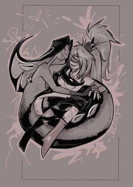 1boy 1girls 2024 ambiguous_penetration cherri_bomb_(hazbin_hotel) couple cyclops female hair happy hazbin_hotel holding_hands looking_at_another looking_back looking_pleasured male monochrome mostly_nude sir_pentious_(hazbin_hotel) smiling snake socks suggestive teeth text twiggietime vivienne_medrano watermark wholesome