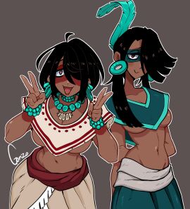 2girls ahoge angel_(kof) arms_behind_back artist_name aztec bangs bare_midriff big_breasts bio' black_hair blush blushing_at_viewer bracelets breasts brown_eyes cleavage closed_mouth clothing codex_black covered_eye crossover dark-skinned_female dark_skin double_peace_sign earrings exposed_torso eyelashes facepaint fang feather_hair_ornament female female_only gonzo_(artist) grey_background hair_over_one_eye half-closed_eyes hands_behind_back happy_female height_difference hips jewelry king_of_fighters large_breasts leaning_forward lips long_hair looking_at_viewer mesoamerican mexican midriff navel necklace no_bra open_mouth peace_sign poncho redesign short_hair shy signature simple_background skirt slim_waist smile tall_female tareme traditional_clothes tribal underboob webcomic_character