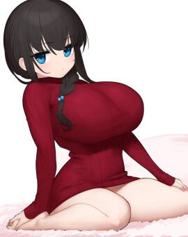 1girls barefoot blue_eyes braided_ponytail breasts female female_only gigantic_breasts huge_breasts neoteny red_sweater sitting solo sweater thick_thighs wariza