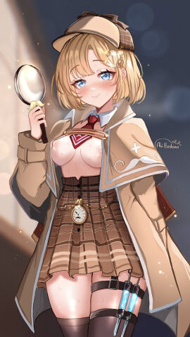 aki_hoshino black_thighhighs blonde_hair blue_eyes blurry blurry_background blush bob_cut breasts brown_coat brown_hat brown_skirt closed_mouth coat commentary cowboy_shot deerstalker detached_collar english_commentary female hair_ornament hand_in_pocket hand_up hat high-waist_skirt highres holding holding_magnifying_glass hololive hololive_english hololive_myth looking_at_viewer magnifying_glass medium_breasts miniskirt necktie nipples no_bra no_shirt open_clothes open_coat plaid_clothes plaid_skirt pleated_skirt pocket_watch red_necktie short_hair short_necktie skirt smile solo standing syringe_holster thigh_strap thighhighs virtual_youtuber watch watson_amelia watson_amelia_(1st_costume)