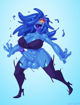 1futa balls blue_background blue_body blue_goo bodily_fluids boots bra breasts cleavage clothed clothing dripping erection fangs female footwear futa_only futanari genital_fluids genitals goo_creature goo_hair goo_humanoid hair hi_res high_heels huge_breasts huge_cock humanoid humanoid_genitalia humanoid_penis intersex lapinbeau legwear monster_girl mostly_nude open_mouth open_smile orange_eyes penis precum precum_drip precum_string pseudo_hair simple_background slime_futa slime_girl slime_hair smile solo teeth thigh_boots thigh_highs thighhighs tongue tongue_out underwear yellow_sclera