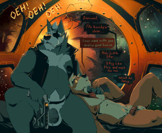 2024 anthro anthro_on_anthro areola balls bed belly big_areola big_balls big_penis bottomless bottomless_anthro bottomless_male canid canine canis chocolateandmilk cigarette claws clothed clothed/nude clothing cuddling detailed_background dialogue duo eye_patch eyebrows eyewear flaccid foreskin fox fox_mccloud frown fur furniture genitals glans gun hair handgun hi_res holding_gun holding_object holding_ranged_weapon holding_weapon humanoid_genitalia humanoid_penis inside kerchief lying male male/male mammal mature_anthro mature_male moobs muscular muscular_anthro muscular_male navel neckerchief nintendo nipples nude on_back on_bed open_clothing open_topwear open_vest overweight overweight_anthro overweight_male pecs penis profanity ranged_weapon sitting smoke smoking sound_effects star_fox thick_thighs topwear tuft uncircumcised vest weapon wolf wolf_o'donnell