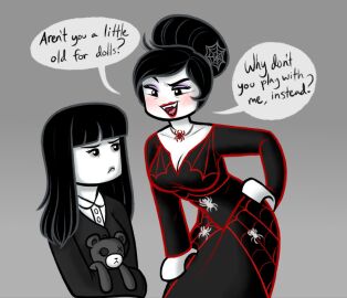 bangs black_hair blunt_bangs blush breasts cleavage dirty_platypi dress eyebrows eyelashes eyeshadow female lego lego_minifigures lips lipstick spider spider_lady spider_web spiderweb spooky_girl teddy_bear yuri