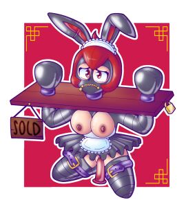 belt bondage bondage_mittens breasts bunny_ears demotex dildo dildo_in_pussy female forced_frown frown frowning hair latex lock maid_uniform mars_(pokemon) nipples purple_belt pussy red red_dildo red_eyes red_nipples sign sold_to_slavery stocks x_nipples zipper