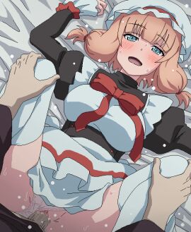 1boy bed_sheet black_shirt blue_eyes blunt_bangs blush bonnet bow breasts censored clothed_sex clothing_aside dress female hands_on_another's_knees jaggy_lines juliet_sleeves large_breasts layered_skirt long_sleeves looking_at_viewer lying m_legs maid male maougun_saikyou_no_majutsushi_wa_ningen_datta medium_hair missionary mosaic_censoring on_back open_mouth orange_hair panties panties_aside penis petticoat pink_panties puffy_long_sleeves puffy_sleeves pussy red_bow satie_(maougun_saikyou_no_majutsushi_wa_ningen_datta) sex shirt short_twintails skirt solo_focus straight sweat thighhighs tomu_(tomubobu) twintails underwear vaginal_penetration white_dress white_skirt white_thighhighs