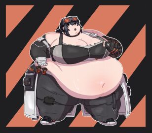 1girls bbw belly belly_button belobog_heavy_industries big_belly black-haired_female black_hair bloated bloated_belly bloated_stomach bloated_tummy breasts exposed_fat_belly fat fat_female female female_focus female_only goggles goggles_on_forehead grace_howard hoyoverse light-skinned_female light_skin mihoyo mihoyo_technology_(shanghai)_co._ltd. obese obese_female orange-eyed_female orange_eyes overweight overweight_female solo solo_female solo_focus standing zenless_zone_zero