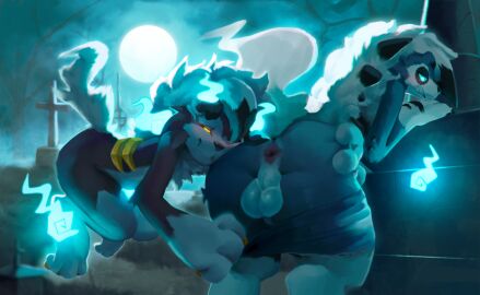 absurd_res anthro ass balls blush bottomwear bottomwear_pull canid canine claws clothed clothing clothing_pull digital_media_(artwork) duo embarrassed flying fur generation_7_pokemon genitals hi_res holding_butt looking_at_butt looking_back lycanroc male male/male mammal midnight_lycanroc night nintendo pokemon pokemon_(species) presenting presenting_hindquarters shorts shorts_pull spread_butt spreading tail white_body white_fur zbernkastel