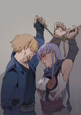 1boy 1girls arms_up blush bondage bound bound_wrists brown-haired_male brown_hair female femsub fully_clothed gintama glasses hair_over_eyes hattori_zenzou kunoichi long_hair looking_at_another male masochism masochist ninja purple-haired_female purple_hair restrained sarutobi_ayame upper_body white_tea