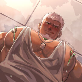 1boy artist_name bara beard blush ceiling character_request chinese_commentary copyright_request dog_tags ear_piercing facial_hair green_eyes grey_vtuber indie_virtual_youtuber jewelry kulolin large_pectorals looking_at_viewer male male_focus male_lactation masculine meme multiple_piercings muscular necklace nipple_slip nipples pectorals piercing solo tongue tongue_out virtual_youtuber white_hair yaoi yur_oc_like_this_(meme)