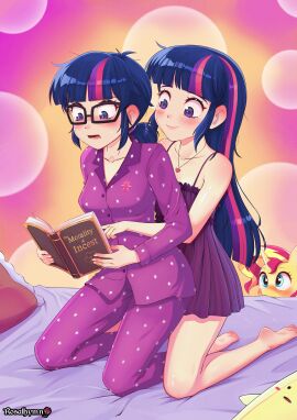 2d 2girls alternate_self blue_eyes equestria_girls female friendship_is_magic humanized implied_yuri multicolored_hair my_little_pony nightie on_bed pajamas peeping rosalhymn sci-twi sunset_shimmer twilight_sparkle_(eg) yuri