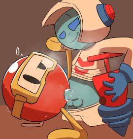 2boys arrow_(symbol) ball_(object) blowjob blue_body blue_eyes blue_skin blush blush_lines confused confusion cu cum cum_drip cum_inside cumming dig_dug drill gloves goggles helmet legs_apart legs_up male naughtyfey pants_down partially_clothed pooka_(dig_dug) pump red_body shirt_lift shirt_up simple_background smirk smirking steam steaming_body taizo_hori white_shirt