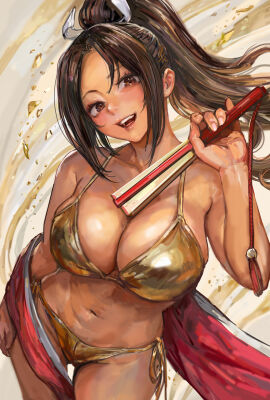 1girls big_breasts bikini breasts brown_eyes brown_hair cute_face fan fatal_fury female female_only fully_clothed gold_bikini golden_week japanese japanese_clothes king_of_fighters light-skinned_female light_skin long_hair looking_at_viewer mai_shiranui michemashu red_clothing smile smiling snk solo solo_female thick_thighs thighs tied_hair voluptuous voluptuous_female wide_hips