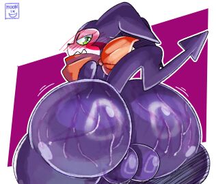 absurd_res anthro ass ass_jiggle balls bandai_namco bandana big_ass big_butt black_outline blush bodily_fluids butt_jiggle canid canine checkered checkered_background clothing dialogue digimon digimon_(species) digital_media_(artwork) english_text femboy genitals glistening gloves handwear hi_res huge_ass huge_butt imp impmon insult insulting_viewer jiggling kerchief looking_at_viewer looking_back male mammal moonix_xero outline pattern_background penis red_clothing red_gloves red_handwear shaded shaking_ass shaking_butt simple_background solo tail text thick_thighs