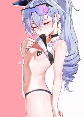belly belly_button bikini biting_lip biting_shirt blush blushing breasts covered_nipples female female_only honkai:_star_rail honkai_(series) navel petite petite_body petite_female silver_hair silver_wolf_(honkai:_star_rail) small_breasts smaller_female solo solo_female swimsuit undressing waligner white_hair