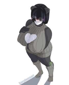 1girls bangs black_hair blush boob_window breasts breasts_bigger_than_head cleavage currency eyes_covered female glasses grabbing hand_on_breast heart_cutout high-angle_view huge_breasts looking_at_viewer mimi_(sexydomoart) money money_in_thighhigh money_under_clothes nipple_outline panda panda_ears panda_girl prostitution round_glasses sex sexydomoart short_hair smile smiling socks standing suggestive sweater thighhighs