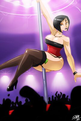 1girls ass black_hair black_lipstick bob_cut bracelet breasts chastity_(grand_theft_auto_v) cleavage corset crowd female full_body goth grand_theft_auto grand_theft_auto_v grey_eyes high_heels indoors large_breasts money necklace red_corset rockstar_games shonuff shonuff44 short_hair solo stripper stripper_pole thighhighs thighs