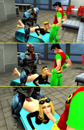 1girls 2boys 3d cyborg_(dc) dark-skinned_male dark_skin dc dc_comics dick_grayson fellatio female interracial male pof3445 pussy robin_(dc) robin_(dick_grayson) sex_on_table spitroast teen_titans terra_(dc) the_sims the_sims_4 threesome vaginal_penetration