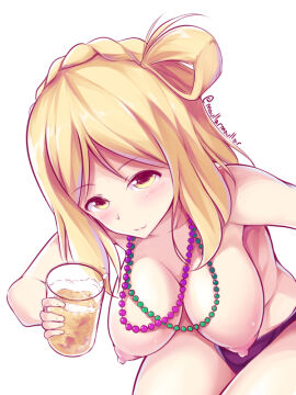 1girls beads blonde_hair breasts female love_live! love_live!_sunshine!! maullarmaullar medium_breasts nipples ohara_mari panties purple_panties smile solo solo_female solo_focus yellow_eyes