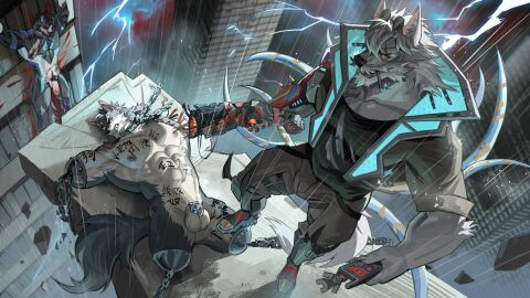 16:9 3_missing_limbs abs ale55 amputee angry annoyed anthro balls band-aid band-aid_on_face bandage bandage_on_face bara black_body black_clothing black_fur black_shirt black_topwear body_writing bondage bottomwear canid canine canis chained_collar chains chastity_cage chastity_device chinese_text cigarette cigarette_in_mouth city city_background cityscape cjk_tally_marks clenched_teeth clothed clothed/nude clothing collar cybernetic_arm cybernetic_limb defeated defeated_hero disability dragonsmint ear_piercing electricity erection eye_scar eyewear eyewear_on_head facial_scar feet flaccid flat_chastity_cage foreskin fur furry gay gay_male genital_tattoo genitals group hands_on_legs hero hi_res high-angle_view humanoid_genitalia humanoid_penis lightning lying male male/male mammal mgg_(character) muscular muscular_male nipples nude object_in_mouth on_back open_mouth pants pecs penis piercing pubes raining retracted_foreskin ring_piercing scar shirt skinsuit standing sunglasses sunglasses_on_head tally_marks tattoo teeth tentacle text tight_clothing topwear torn_skinsuit trio triple_amputee uncircumcised vein veiny_penis white_body widescreen wolf yaoi