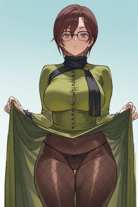 1girls 2025 ai_generated aozaki_touko bangs black_pantyhose black_scarf brown_eyes brown_hair clothes_lift cowboy_shot dress fate_(series) female_only fishnet_pantyhose fishnets glasses gradient_background green_dress hi_res highres large_breasts lifted_by_self lifting_own_clothes long_sleeves looking_at_viewer mahou_tsukai_no_yoru panties panties_under_pantyhose quaternionic scarf short_hair simple_background skirt_lift solo thigh_gap thighs type-moon