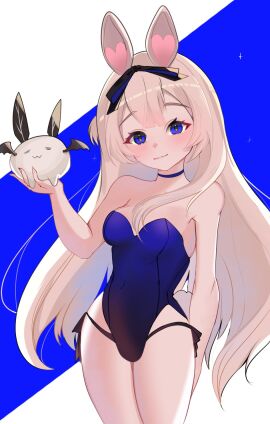 1girls animal animal_ears bangs bare_arms bare_shoulders bird black_choker black_leotard blonde_hair blue_choker blue_eyes blush breasts bunny bunny_ears bunny_girl bunnysuit choker cleavage closed_mouth collarbone covered_navel cowboy_shot cropped_legs eyebrows_visible_through_hair fake_animal_ears female garter_straps hairband heart-shaped_pupils holding holding_animal leotard long_hair looking_at_viewer medium_breasts small_breasts smile solo standing strapless strapless_leotard striped symbol-shaped_pupils thigh_strap very_long_hair virtual_youtuber vyugen yenko