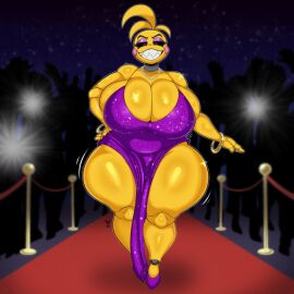 1girls animatronic anthro big_breasts black_sclera breasts busty camera_flash cleavage clothing dress female female_focus five_nights_at_freddy's five_nights_at_freddy's_2 furry huge_breasts large_breasts looking_at_viewer mrxrickyx robot robot_girl silhouette smile solo thick_thighs thunder_thighs toy_chica_(fnaf) walking wide_hips