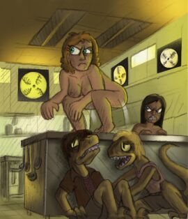 2d 3girls alexis_murphy breasts brown_hair comedy dinosaur dromaeosaurid female funny green_eyes group hair human human_female humor jurassic_park jurassic_park_(franchise) killb94_(artist) kim_(jurassic_park) male male/female mammal nipples nude prehistoric_species reptile role_reversal scalie scared the_big_one_(jurassic_park) theropod tim_murphy universal_studios velociraptor