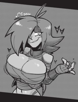 1girls amorde_despee bandage bandaged_arm bandages big_breasts breasts female fingerless_gloves gloves heart heart-shaped_pupils heart_eyes monochrome original original_character pooterstapot seductive seductive_look seductive_smile sketch solo solo_female