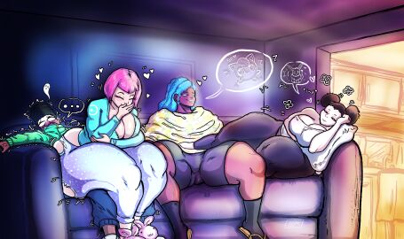 1boy 3girls asian_female black_hair blanket blue_hair blush bunny_slippers chilling cleavage cleavage_window closed_eyes couch crushed_by_ass dark-skinned_female dark-skinned_male dark_room digital_media_(artwork) fan_character flip_flops ghost hair_buns hanging_out heart hearts_around_head hi_res highres kojoarts larger_female laying_back laying_down light-skinned_female living_room multiple_females multiple_girls no_socks oblivious oc pajamas passed_out pillow pink_hair pokemon pokemon_(species) pokemon_trainer ripped_clothing ripped_pants self_insert short_hair shorts sitting sitting_down sitting_on_lap sitting_on_person sleepover smaller_male snickering space_buns spread_legs spreading sweater thicc thick_thighs thought_bubble twitch_lines unaware wardrobe_malfunction white_face yoga_pants