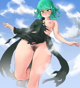 black_dress blue_sky breasts cloud curly_hair dress female female_pubic_hair green_eyes green_hair highres looking_at_viewer nipples one-punch_man open_mouth outdoors pubic_hair short_hair sky small_breasts solo tatsumaki torn_clothes torn_dress yotahen yotamono