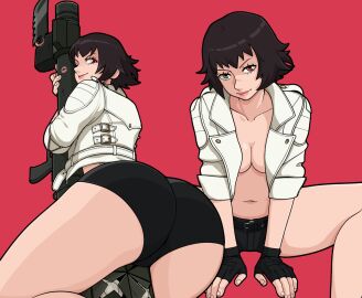 1girls ass ass_focus black_hair breast_squeeze breast_squish breasts breasts_squeezed_together bubble_ass bubble_butt capcom devil_may_cry devil_may_cry_5 exposed exposed_breasts female female_focus female_only fingerless_gloves fump gloves green_eyes gun heterochromia kiss_mark lady_(devil_may_cry) legs_apart legs_spread lipstick lipstick_mark mostly_clothed mostly_clothed_female multiple_poses open_clothes open_shirt red_eyes rocket_launcher scar scar_on_face scar_on_nose short_hair solo solo_female solo_focus squish squished_breasts straddling topless topless_female wolf_cut