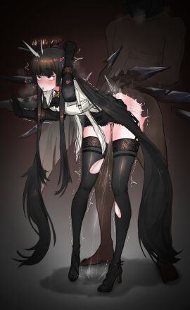 arknights black_hair faceless_male female leaking_pussy male no_panties pussy sex shangdong233 thighhighs thighs very_long_hair virtuosa_(arknights)