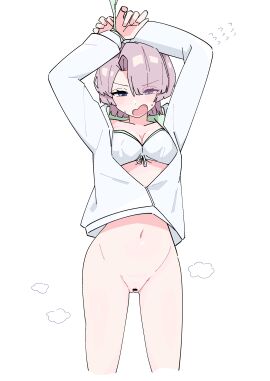 1girls absurdres arimura_mao arms_up bar_censor bikini bikini_top_only bottomless bound bound_wrists breasts censored cleavage cleft_of_venus cropped_legs female female_only flying_sweatdrops front-tie_bikini_top front-tie_top gakuen_idolmaster groin highres idolmaster looking_at_viewer medium_breasts navel ohgi910 pink_hair simple_background sky solo solo_female stomach sweatdrop swimsuit white_background white_bikini white_sky