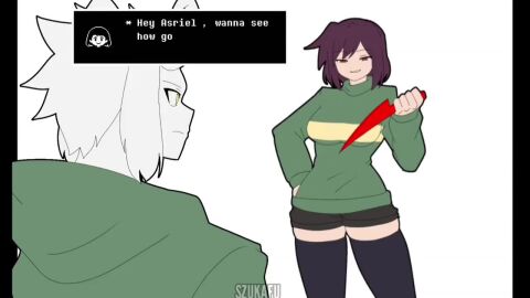 1boy 1girls 2d 2d_animation animated asriel_dreemurr boots breasts breasts_out chara clothed clothing dialogue english english_dialogue english_text female knife male music naked naked_female nude nude_female pussy shocked shocked_expression shoes sound tagme text thick_thighs thighhighs thighs torn_clothes undertale undertale_(series) video zukafu_shimoto